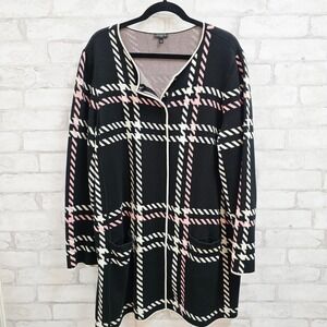 Talbots Woman 2X Black Pink Plaid Duster Cardigan Snap Front Pocket Sweater